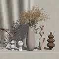 Decorative Dried Flowers in Large White Vase with Various Shaped Colored Vases on Striped Wall