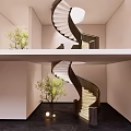 Modern Spiral Staircase Interior Design With Green Plants And Warm Lighting