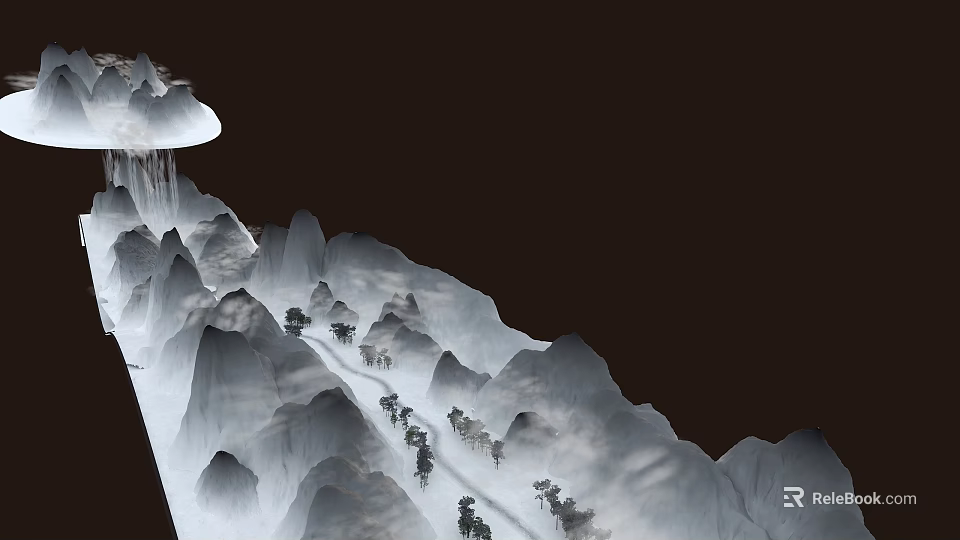 Snowy Mountain Landscape With Snow Covered Peaks Pine Trees And Winding Path 3d model 