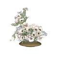 Elegant Golden Vase with White Pink and Blue Flowers and Green Leaves Arrangement