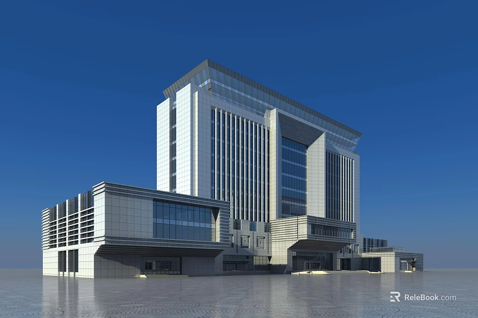 Modern High Rise Office Building With Glass Curtain Wall And Spacious Plaza 3d model 