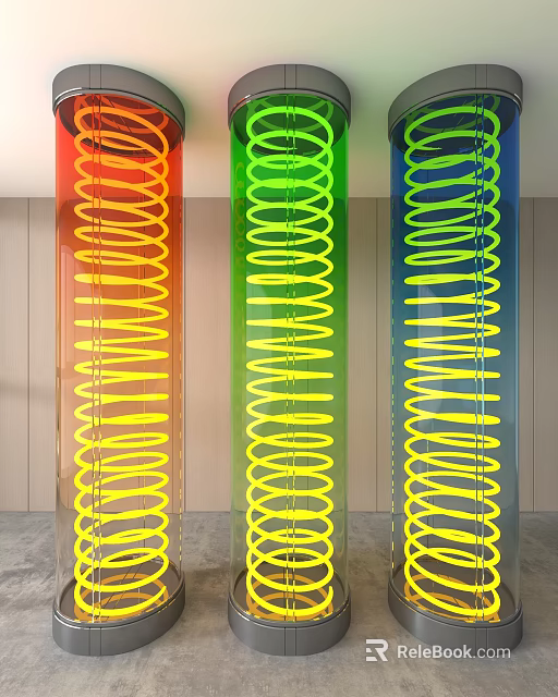 Transparent Glass Columns With Red Green Blue Spiral Neon Lights In Light Background Interior 3d model 