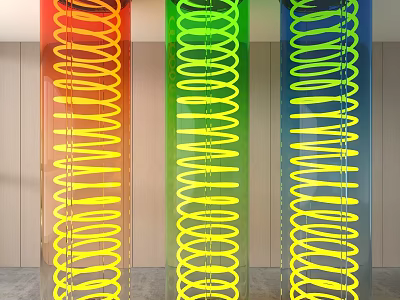 Transparent Glass Columns With Red Green Blue Spiral Neon Lights In Light Background Interior 3d model