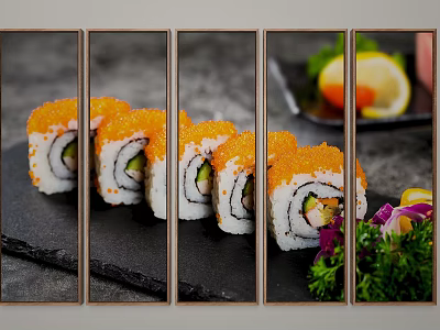 Delicious Sushi Rolls With Orange Fish Roe Green Vegetables And Garnishes 3d model