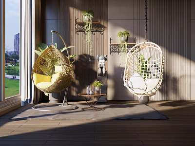 Indoor Open Space With Window Green Plants Yellow And White Hanging Chairs 3d model