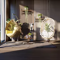 Indoor Open Space With Window Green Plants Yellow And White Hanging Chairs