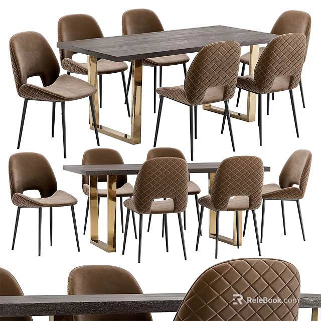 Dark Wood Dining Table Set With Diamond Tufted Brown Chairs And Gold Metal Legs 3d model 