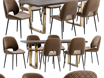 Dark Wood Dining Table Set With Diamond Tufted Brown Chairs And Gold Metal Legs 3d model