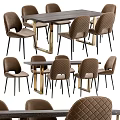 Dark Wood Dining Table Set With Diamond Tufted Brown Chairs And Gold Metal Legs