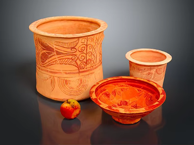 Artisan Orange Patterned Pottery Set With Various Sizes Bowls And Red Apple 3d model