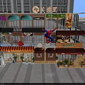 Vibrant Commercial Street With Multi Storey Shops Spider Man Decoration And Outdoor Seating