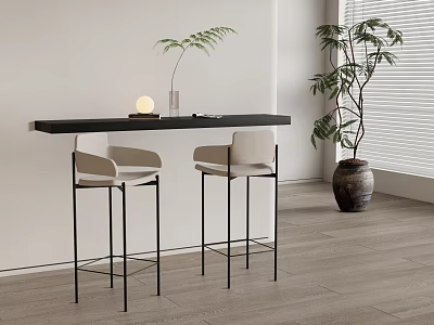 Modern Light Colored Bar Stools With Black Metal Legs By Bar Counter And Indoor Plants 3d model