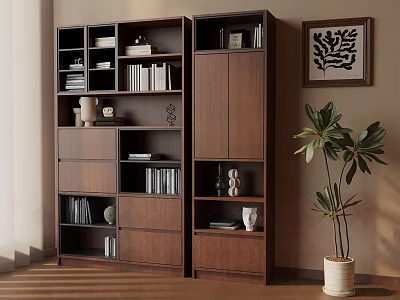 Modern Walnut Wood Bookcase With Open Shelves Closed Cabinets And Decorative Items 3d model
