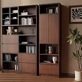 Modern Walnut Wood Bookcase With Open Shelves Closed Cabinets And Decorative Items