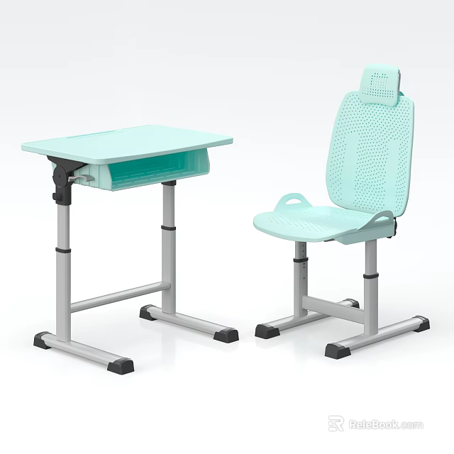 Light Blue Children's Adjustable Desk And Chair With Metal Frame And Breathable Design 3d model 
