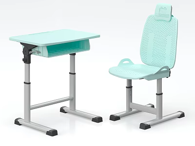Light Blue Children's Adjustable Desk And Chair With Metal Frame And Breathable Design 3d model