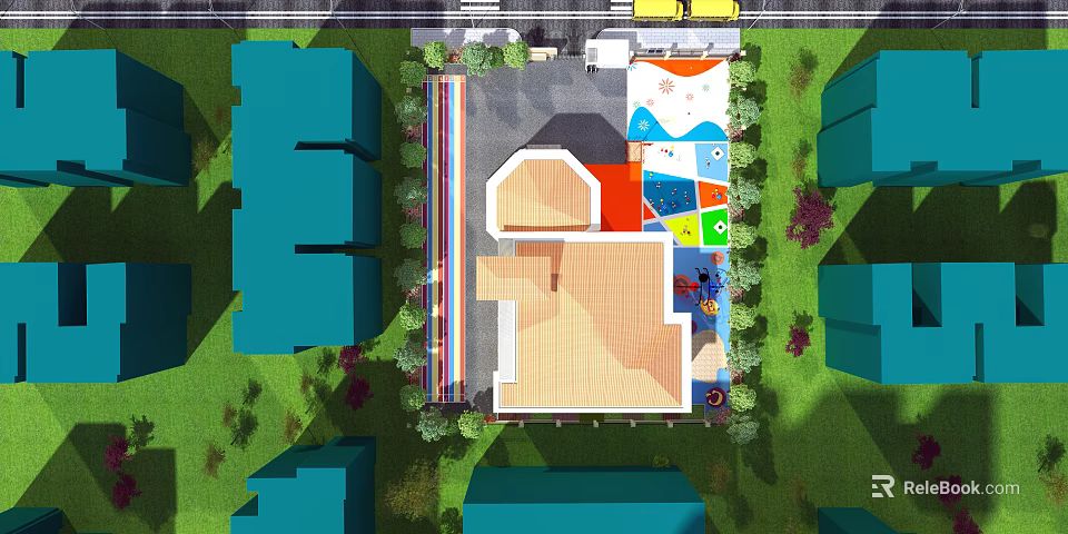 Aerial View Planning of Children's Playground With Colorful Activity Zones Wooden Structures and Green Landscapes 3d model 