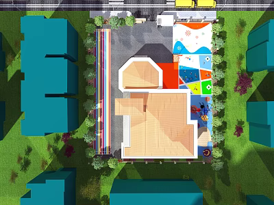 Aerial View Planning of Children's Playground With Colorful Activity Zones Wooden Structures and Green Landscapes 3d model