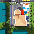 Aerial View Planning of Children's Playground With Colorful Activity Zones Wooden Structures and Green Landscapes