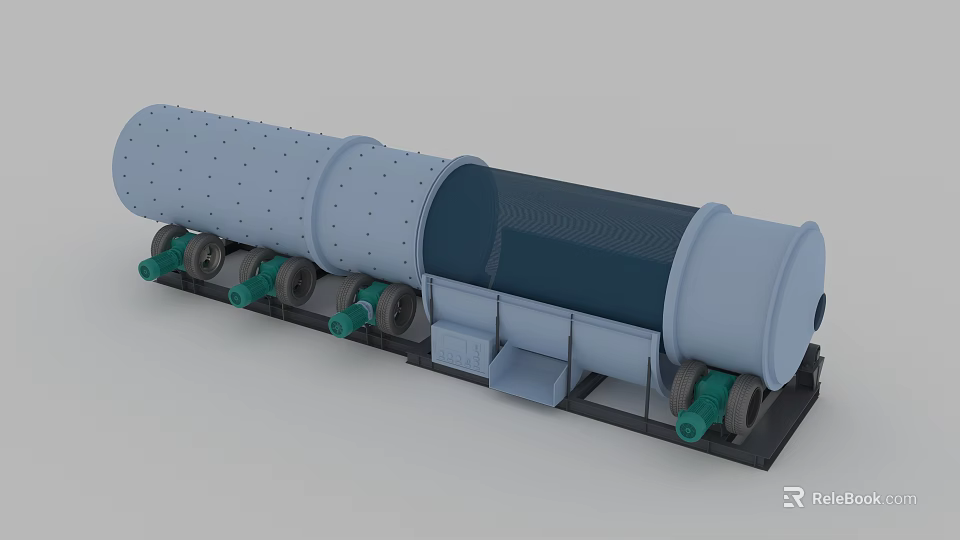Industrial Rotary Drum Equipment With Supporting Wheels And Base Frame Structure 3d model 