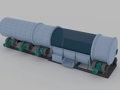 Industrial Rotary Drum Equipment With Supporting Wheels And Base Frame Structure 3d model