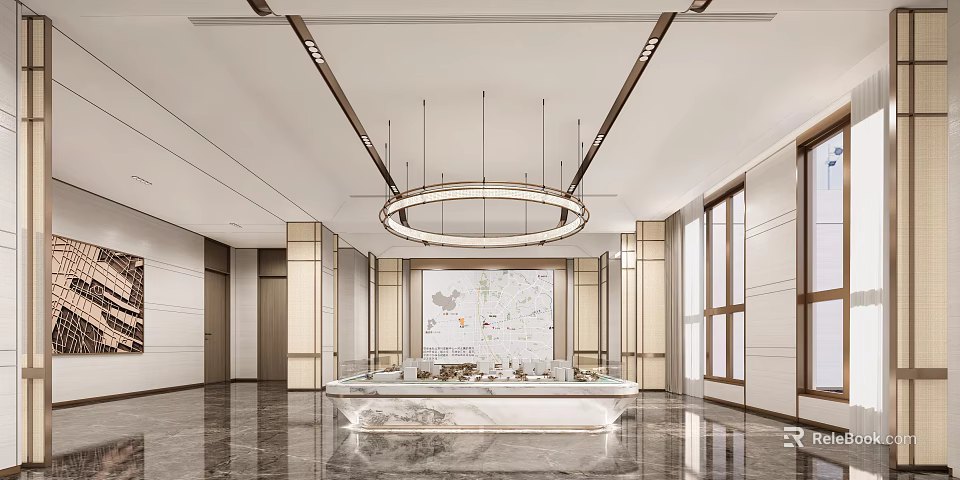 Modern Sales Office Interior With Circular Chandelier Marble Display Table Windows And Map Wall 3d model