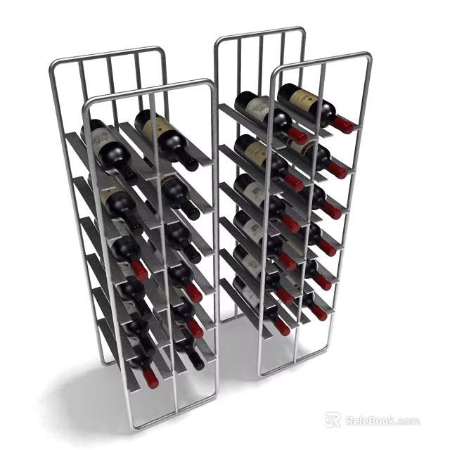 Modern Stainless Steel Wine Rack with Multiple Layers and Red Wine Bottles 3d model