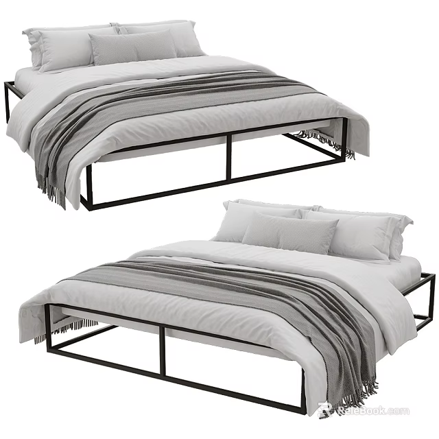 Modern Double Bed With Black Metal Frame Gray Striped Blanket And Pillows 3d model 