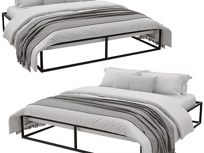 Modern Double Bed With Black Metal Frame Gray Striped Blanket And Pillows 3d model