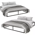 Modern Double Bed With Black Metal Frame Gray Striped Blanket And Pillows