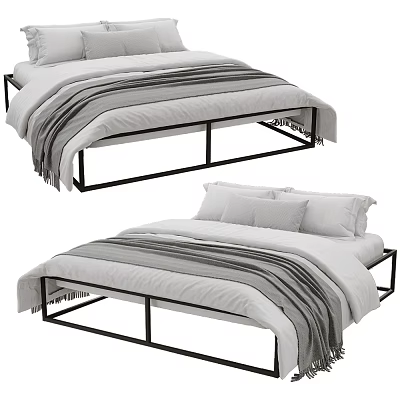 Modern Double Bed With Black Metal Frame Gray Striped Blanket And Pillows 3d model