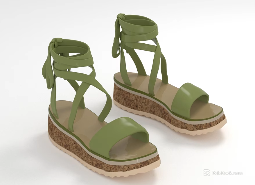 Fashionable Green Sandals With Crisscross Leather Straps And Cork Platform Sole 3d model 