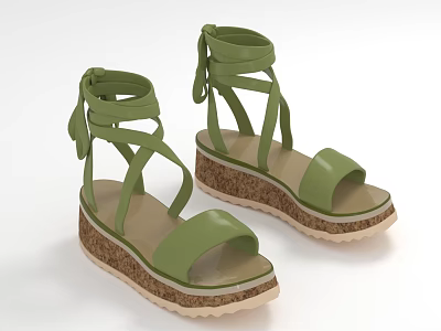 Fashionable Green Sandals With Crisscross Leather Straps And Cork Platform Sole 3d model