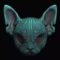 Intricate Teal Cat Mask With Carved Swirl Patterns And Large Ears