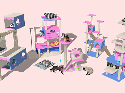 Modern Multi Colored Cat Furniture With Play Platforms And Cozy Cabins 3d model