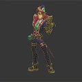 Fantasy Character With Pink Hair Purple Hat Holding Green Creature In Dark Outfit