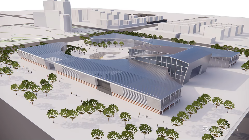 Modern Architectural Building With Glass Facade Blue Roof Public Square And Trees 3d model 
