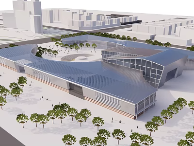 Modern Architectural Building With Glass Facade Blue Roof Public Square And Trees 3d model