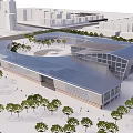 Modern Architectural Building With Glass Facade Blue Roof Public Square And Trees