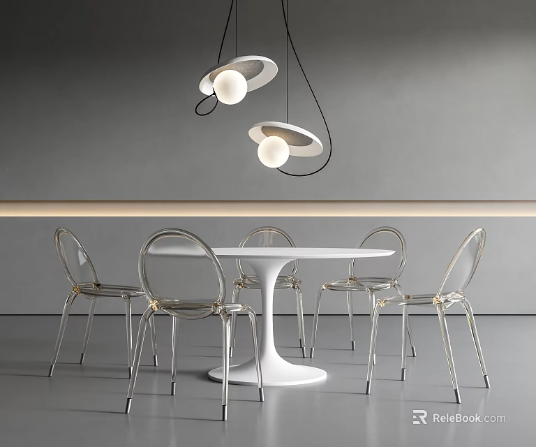 White Round Dining Table Set With Transparent Chairs And Modern Pendant Lights 3d model