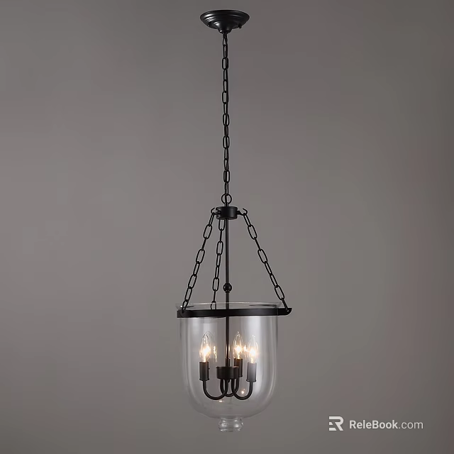 Black Metal Chain Hanging Chandelier With Glass Shade And Candle Style Bulbs 3d model 