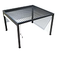 Modern Metal Architectural Structure With Slatted Top Supporting Posts And Transparent Panels