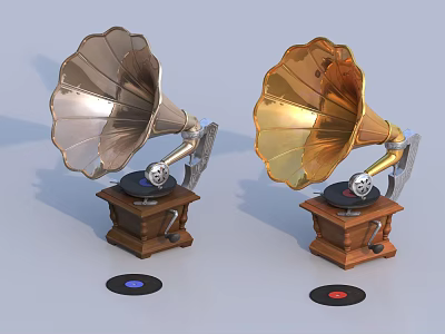 Vintage Gramophones With Silver And Gold Horns Wooden Bases And Vinyl Records 3d model