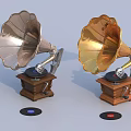 Vintage Gramophones With Silver And Gold Horns Wooden Bases And Vinyl Records
