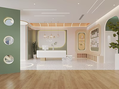 Modern Store Front Desk Interior With Green Wall Wooden Floor And Shelves Decor 3d model