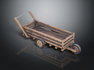 Classic Vintage Wooden Cart Featuring Handle And Solid Wheels Structure Design 3d model