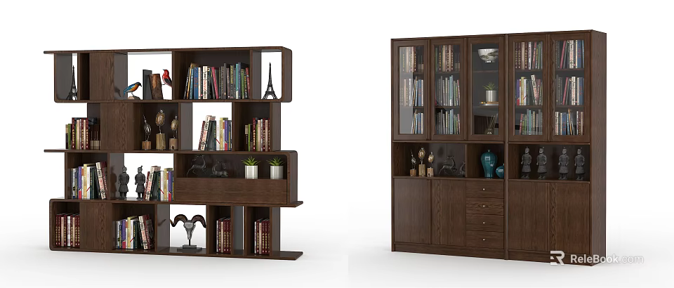 Multi tiered Wooden Bookcase With Glass Doors Drawers Decorative Figurines Plants And Vase 3d model 