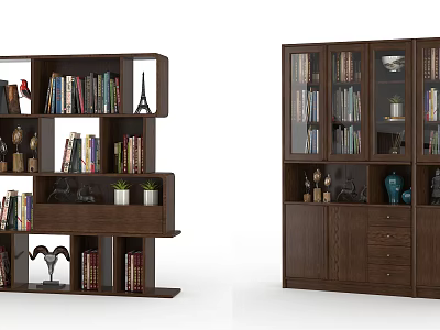 Multi tiered Wooden Bookcase With Glass Doors Drawers Decorative Figurines Plants And Vase 3d model