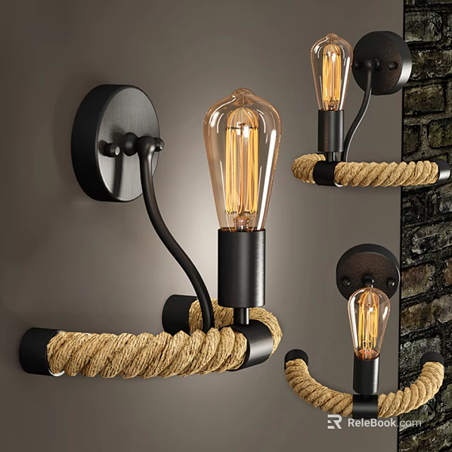 Industrial Rustic Wall Lamp With Rope Accent Black Metal Frame And Vintage Edison Bulb 3d model 