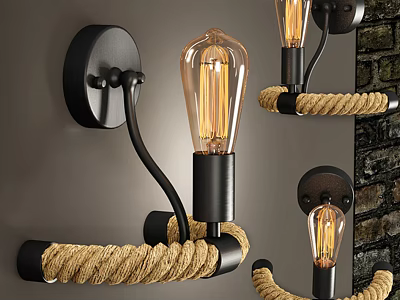 Industrial Rustic Wall Lamp With Rope Accent Black Metal Frame And Vintage Edison Bulb 3d model